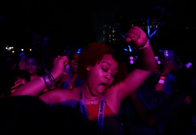 Nia Skelton, of Austin, watches Ying Yang Twins at the Mass Appeal x Hulu “Freaknik: The Wildest Party Never Told” showcase at Stubb’s at SXSW Wednesday March 13, 2024.
