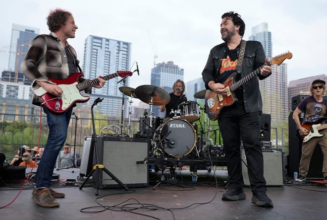 Bob Schneider, right, and Kevin McKinney perform at the Steamboat 1874 Reunion Concert at Auditorium Shores during SXSW Thursday March 14, 2024. The concert featured Austin bands that frequently performed at the Sixth Street venue in the 90s.