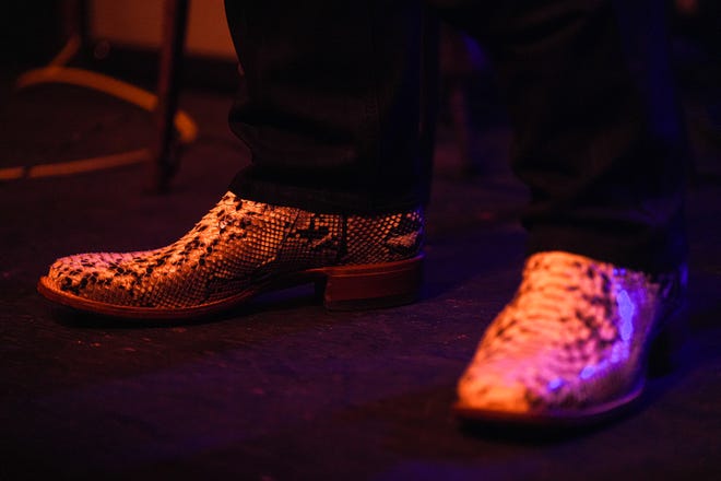 Robert Finley wears snake boots while performing at Mohawk Austin during South by Southwest on Thursday, March, 14, 2024.
