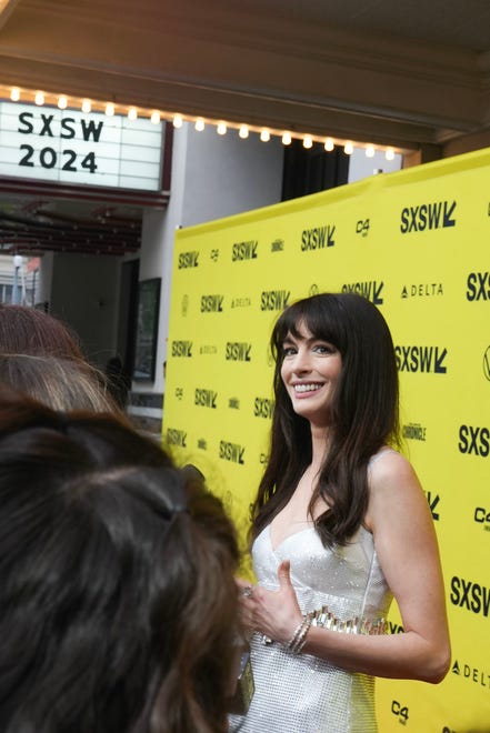 Actress Anne Hathaway speaks to the press during the premiere of "The Idea of You" at Paramount Theatre in downtown Austin during SXSW Saturday, March 16, 2024.