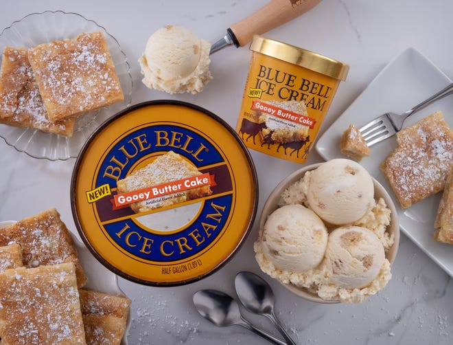 Blue Bell's new Gooey Butter Cake flavor features the company's Cake Batter Ice Cream, a cream cheese swirl and pieces of gooey butter cake.