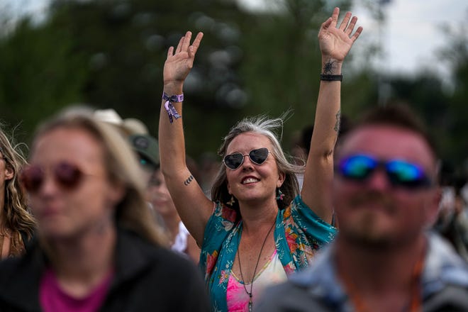 Laura Chiles dances during Sierra Ferrel's set on the Big River stage at the Two Step Inn country music festival at San Gabriel Park on Sunday, April 21, 2024 in Georgetown, Texas.
